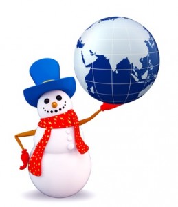Illustration of snowman character with globe