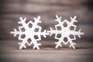 Two Snowflakes on Wood, Dark Winter or Christmas Background