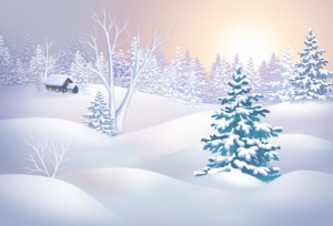 winter landscape horizontal illustration, sunset