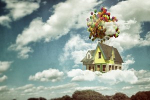 flying wooden house in the blue sky