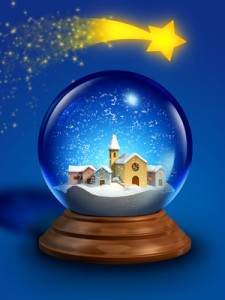 Glass snow ball with a miniature village and a christmas star. Digital illustration.